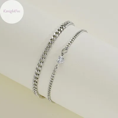 K2nightfee Bộ Vòng Tay Inox Thời Trang Đơn Giản Cho Cặp Đôi Unisex Nam Nữ Tình Yêu Pha Lê Trái Tim Bạc Dây Xích Vòng Tay Trang Sức Quà Tặng VN