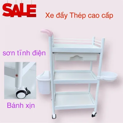 Xe đẩy thùng rác thép sơn tĩnh điện , xe đẩy spa , xe đẩy y tế M3 tay hồng
