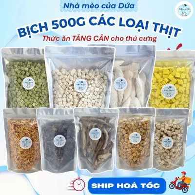 Gà miếng sấy khô, viên rau xanh, cá hồi sấy khô, gan sấy khô, trứng sấy khô, cá sấy khô cho chó mèo