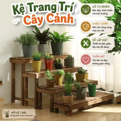 Kệ trang trí cây cảnh, kệ trưng bày cây cảnh màu nâu óc chó, kệ gỗ đa năng