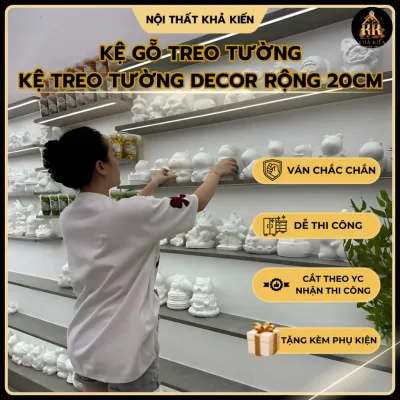 Kệ gỗ treo tường, Kệ treo tường decor rộng 20cm kèm phụ kiện