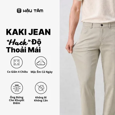 Hau Tam Men's Straight-Leg Khaki Jeans with Elastic Watch Pockets, Slim Fit Shape, Soft and Thick Fabric, Many Youthful Colors.