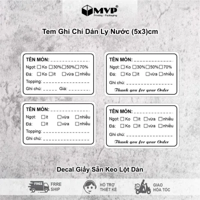 Tem ghi chú dán ly nước, trà sữa, matcha latte, Decal lột dán dùng 1 lần, nhận thiết kế theo yêu cầu