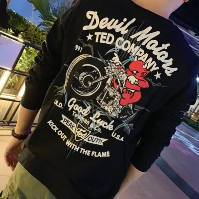 Nam Mặc ins Nhật Bản Quỷ Nhỏ Hợp Thời Trang Nam Dài Tay Áo Thun Xe Máy Punk Hợp Thời Trang Áo Thun Nam Hợp Thời Trang Thương Hiệu Hợp Thời Trang