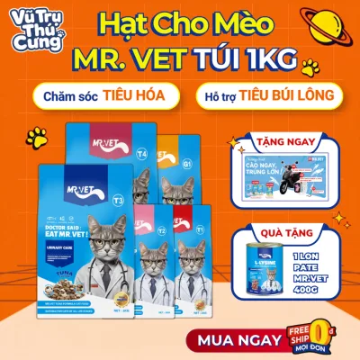 Thức Ăn Hạt Cho Mèo Mr.Vet 1kg Hạt Giàu Đạm, Hỗ Trợ Tiết Niệu Và Giúp Tiêu Búi Lông