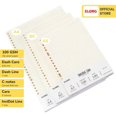 Ruột sổ còng giấy refill KLONG 100GSM Dash Caro Dash Line InviDot Line A5 B5 A4 200 trang