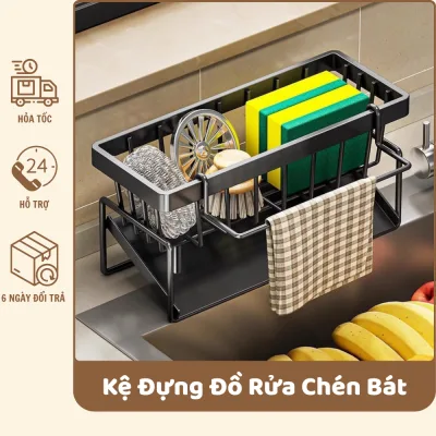 Kệ Đựng Đồ Rửa Chén Bát Thép Không Gỉ, Có Móc Treo Khăn Tiện Lợi Bền Đẹp - MN028