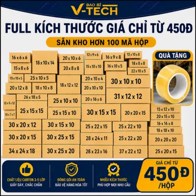 Hộp carton đóng hàng V-TECH, hộp giấy gói hàng 3 lớp sóng B, thùng carton đóng hàng nhiều kích thước