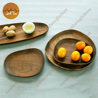 Đĩa gỗ óc chó tự nhiên nguyên khối màu nâu đựng trà bánh đồ ăn đĩa gỗ decor phụ kiện phòng ăn Decor Việt