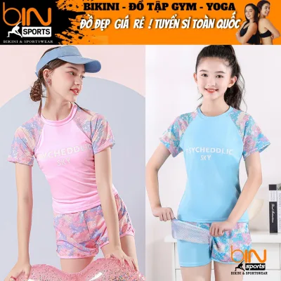 Đồ bơi bé gái 2 mảnh quần đùi 2 lớp áo phủ bụng ngắn tay kín đáo đáng yêu đủ size từ 20kg đến 26kg BINSPORTS BB108
