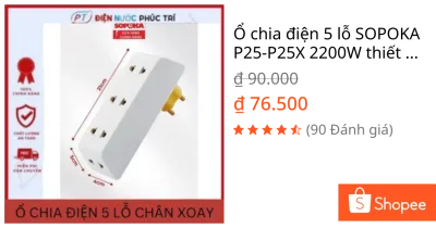 Ổ chia điện 5 lỗ SOPOKA P25-P25X 2200W thiết kế xoay 90 độ xử lý mọi góc hẹp