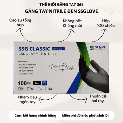Găng tay y tế nitrile đen SSGloves không bột - Hộp 95-100 chiếc, xuất xứ Việt Nam