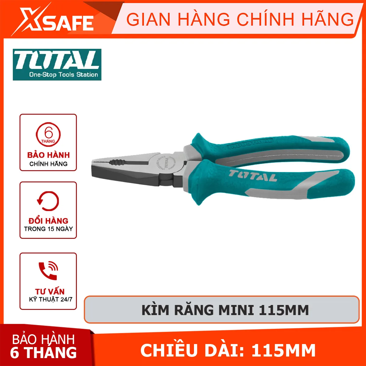 Kìm điện mini TOTAL THTMN156 | kềm răng Kích thước 4,5 "/ 115mm, Đầu kềm được đánh bóng và chống gỉ, Tay cầm hai màu 120/T bấm, cắt, tuốt (vỏ dây điện), uốn dây điện tại nhà riêng, công trình, xí nghiệp, nhà máy