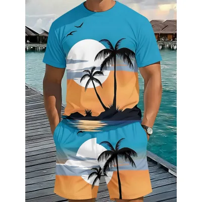 Bộ hai mảnh cổ tròn in kỹ thuật số 3D dành cho nam, trang phục thường ngày phong cách kỳ nghỉ thư giãn, thời trang mùa hè cần thiết cho nam giới hợp thời trang Trang phục giải trí hàng ngày