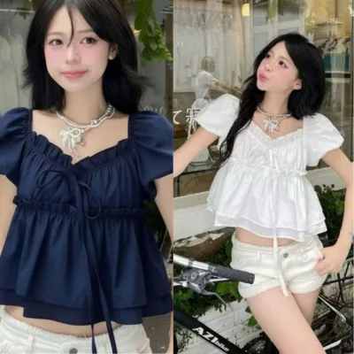 Áo babydoll nữ vải voan trắng xanh đen cổ vuông tay bồng dáng xòe dễ thương tiểu thư VANISA CT431