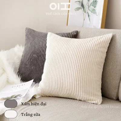 Vỏ gối tựa lưng sofa nhung tăm sọc vuông 45x45cm và 50x50cm cao cấp trang trí sofa đủ màu sắc