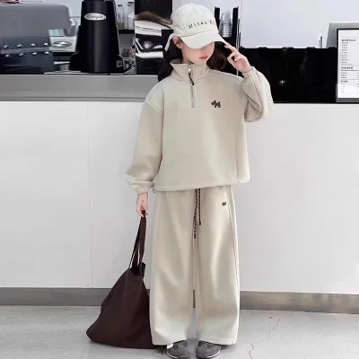 Bộ đồ bé gái 3-14 tuổi Bộ đồ trẻ em Phiên bản Hàn Quốc Bộ đồ trẻ em Bé gái Áo nỉ thông thường Quần ống rộng hai mảnh