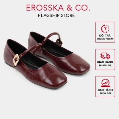 Erosska - Giày búp bê nữ ballet core mũi vuông, quai ngang phối khóa màu nâu - EL084