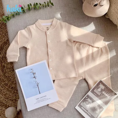 Bộ quần áo thu đông dài tay cài giữa bo cổ Melange Cotton cao cấp HAKI BC004 + Set sơ sinh hàng xuất khẩu cho bé tới 3 tuổi (2.5-15kg); dồ bộ mặc nhà cho bé trai bé gái