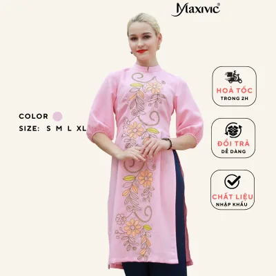 Áo Dài Cách Tân Linen Hồng Thêu Họa Tiết Hoa - Design by Maxivic M122203B