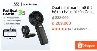 Quạt mini mạnh mẽ thế hệ thứ hai mới của Goojodoq cầm tay gấp 180° có 100 mức độ