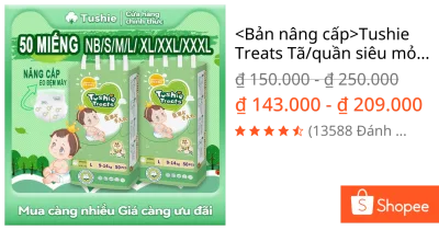 <Bản nâng cấp>Tushie Treats Tã/quần siêu mỏng, eo đệm mây sử dụng công nghệ tiên tiến Nhật Bản NB/S/M/L/XL/XXL/XXXL
