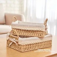 Giỏ mây đan Lót vải có quai đựng đồ vintage, giỏ đi picnic, khay để bánh kẹo đồ ăn vặt Decor chụp sản phẩm