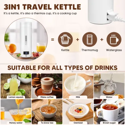 Travel Kettle Small Electric 500 ml / 300 W Portable Kettle Mini Water Cup Stainless Steel 316 Heating Automatic Shut-Off with Reversible Lid for Tea, Coffee, Baby Milk, Camping (White)
