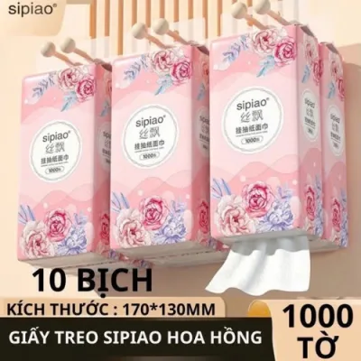 Thùng 10 Bịch Giấy Treo Đa Năng SIPIAO Hoa Hồng, Khăn Rút Treo Trường 4 Lớp mỗi bịch 1100 Tờ Loại 1, Tặng 4 Kèm Móc Treo