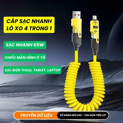 Dây Sạc Nhanh 65W Đầu Chuyển Đổi 4 Trong 1, Cáp Sạc Lò Xo Co Giãn Rút Gọn Dây Sạc Nhanh Điện Thoại, Máy Tính Bảng