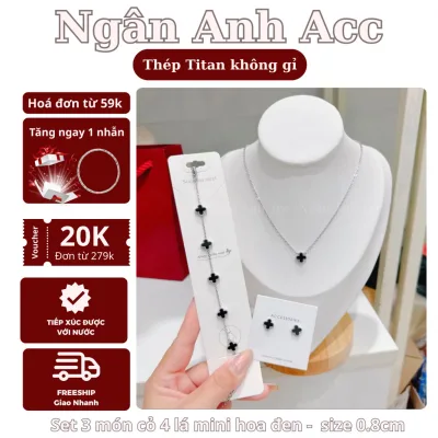 Set vòng cỏ 4 lá bạc titan không gỉ, khuyên tai, lắc tay cỏ bốn lá hai mặt đen, vòng cổ nữ phụ kiện trang sức Ngân Anh