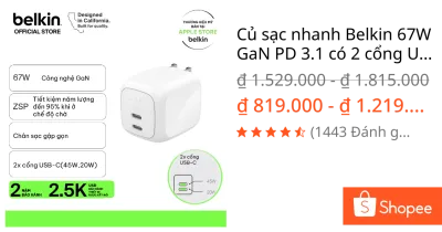Củ sạc nhanh Belkin 67W GaN PD 3.1 có 2 cổng USB-C dành cho iPhone 17 iPad Macbook Bảo hành chính hãng 2 năm