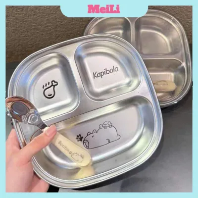Đĩa ăn Cho Bé (mẫu mới) - Khay ăn dặm INox Kapibala 304 kèm thìa cho trẻ em bằng thép không gỉ (tuyển sỉ)