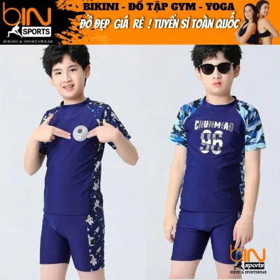 Đồ bơi 2 mảnh bé trai áo phủ bụng ngắn tay, quần đùi kiểu dáng thể thao đủ size từ 26kg đến 49kg BINSPORTS BB132