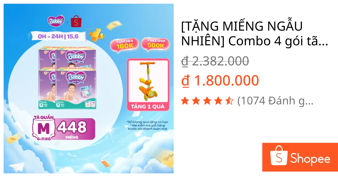Combo 4 gói tã quần Bobby Siêu Khô Thoáng - 100% Thoáng Khí Mega Jumbo M112/L96/XL84/XXL76