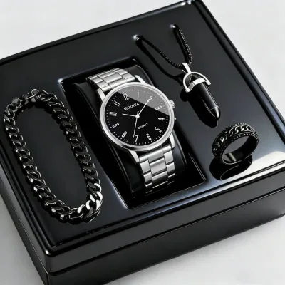 Đồng hồ kỹ thuật số màu đen bạc dành cho nam Bộ 4 món Trang sức kinh doanh Jam Lelaki