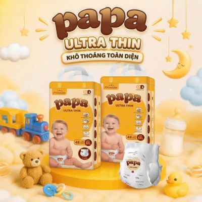100 Miếng Tã bỉm Papa Ultra Thin công nghệ Nhật Bản đủ size S đến siêu đại 8XL mềm mại, thấm hút