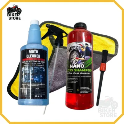 Combo Nước Rửa Xe Nano Dưỡng Bóng, Bảo Vệ Sơn + Dung Dịch Vệ Sinh Đa Năng Kèm Khăn Lau, Cọ Đen Vệ Sinh Xe Máy