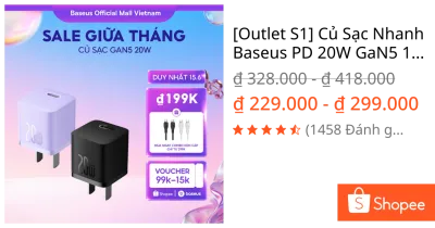 [Outlet S1] Củ Sạc Nhanh Baseus PD 20W GaN5 1C Type-C Cho điện thoại và các loại máy tính bảng Pad