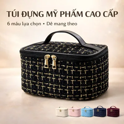Túi đựng đồ trang điểm vải tweed sức chứa lớn phong cách dành cho nữ makeup bag - stylish & roomy