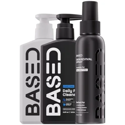 Bộ ba chăm sóc da BASED - Sữa rửa mặt, dưỡng ẩm hàng ngày & Xịt hồi sinh da - Hệ thống chăm sóc da hoàn chỉnh cho nam - Axit Hypochlorous, Than tre & Ceramides - Tất cả da T