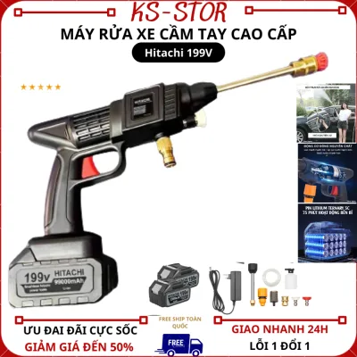 Máy rửa xe mini cầm tay , Hitachi 199V Áp lực mạnh, pin sạc bền bỉ , cao áp máy xịt rửa xe gia đình hitachi có bình tạo bọt pin trâu , giá rẻ full box phụ kiện - Bảo Hành 1 Năm