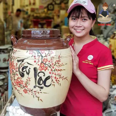 Hũ sành sứ đựng gạo 25kg Chum ngâm rươ.u chứa thực phẩm khô tráng men có quai vẽ hoa đào Nàng Gốm Bát Tràng