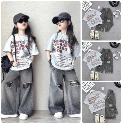 Loang Gray Cotton T-Shirt Set with Printed Letters and Stylish Ripped Jeans for Boys and Girls