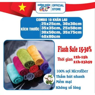 Combo 10 Khăn lau nhà bếp Microfiber size 25x50cm, 30x50cm, 35x75cm, (25X25, 30X30, 35X35 có móc cheo) siêu thấm hút