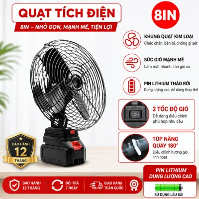 Quạt tích điện chân pin để bàn nhỏ gọn, quạt mini tích điện công suất lớn, xoay 180 độ làm mát 4-6h