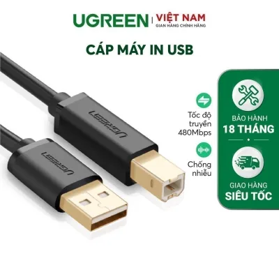 Dây máy in USB 2.0 chuẩn A đực sang chuẩn B đực UGREEN US135 | Ba lớp chống nhiễu | Tốc độ truyền dữ liệu 480Mbps