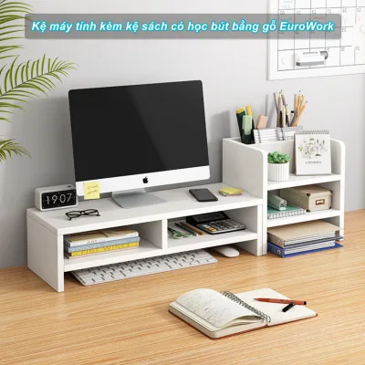 WorldMart - Kệ máy tính kèm kệ sách có học bút bằng gỗ EuroWork (White)