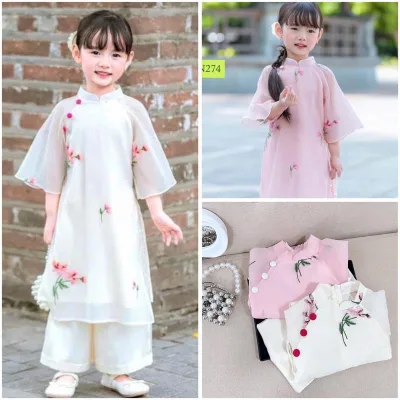 Áo dài cho bé gái 2 màu thêu hoa kèm quần trắng, siêu dễ thương - Áo Dài Mieso