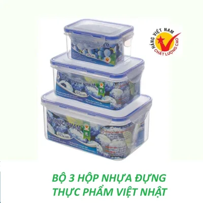 Bộ 3 hộp nhựa chữ nhật Việt Nhật, hộp đựng thực phẩm, bảo quản thức ăn sạch sẽ và tiện lợi - SET XANH BIỂN